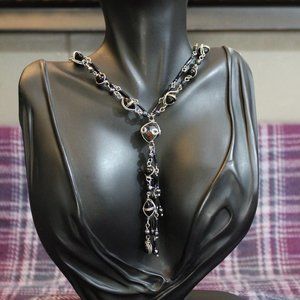 Black Glass Beaded Wire-wrapped Multistrand Drop Necklace